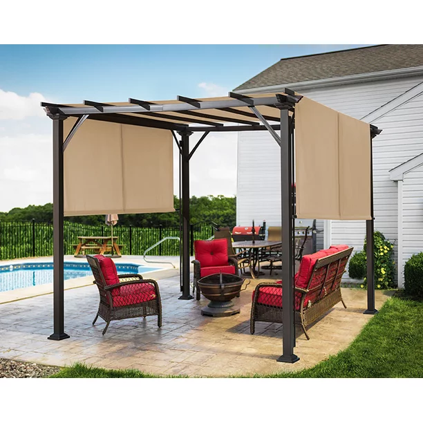 10' x 10' Outdoor Steel Frame Pergola Gazebo with Shade Canopy for Patio, Garden, Deck