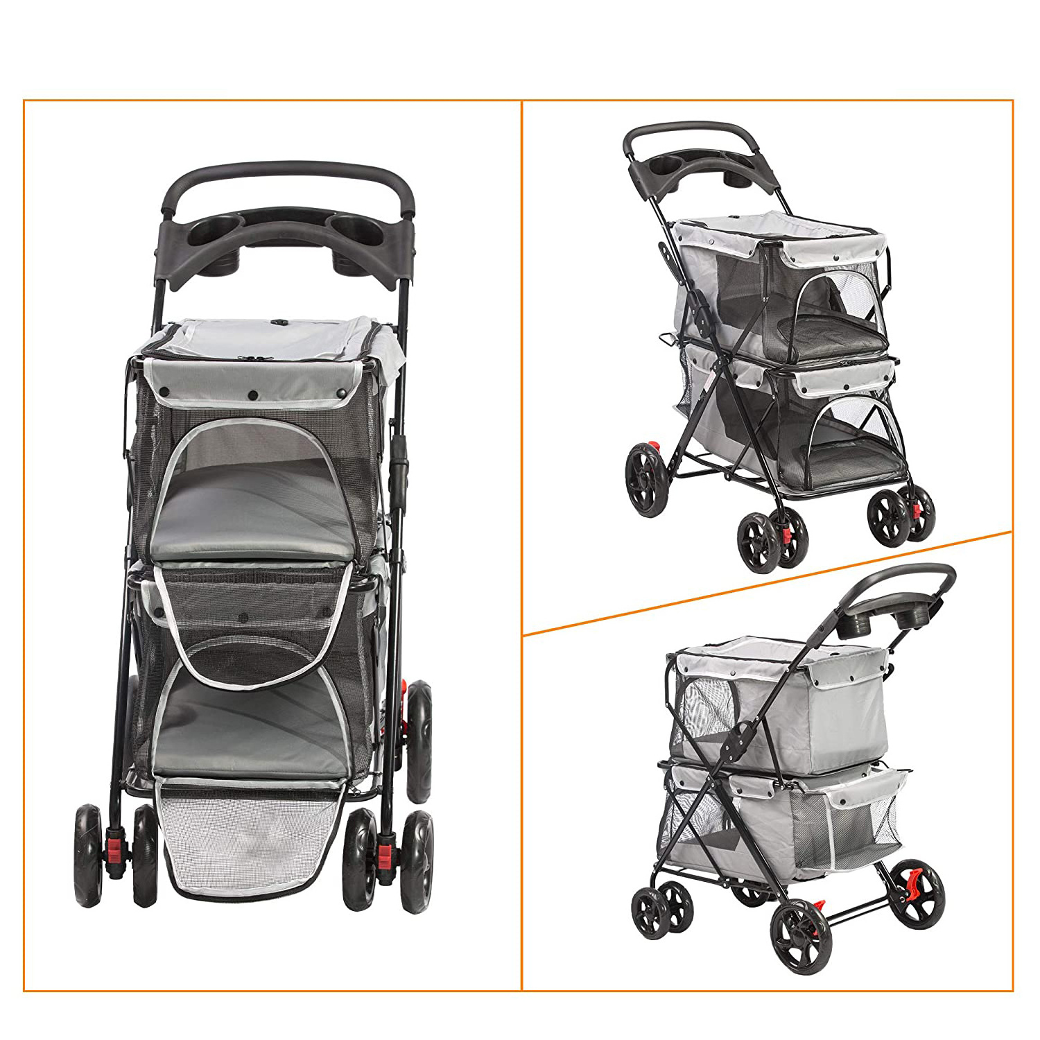 Double Pet Stroller for 2 Dogs Cats, Small Medium Animals Folding Travel Carriage, Easy to Walk