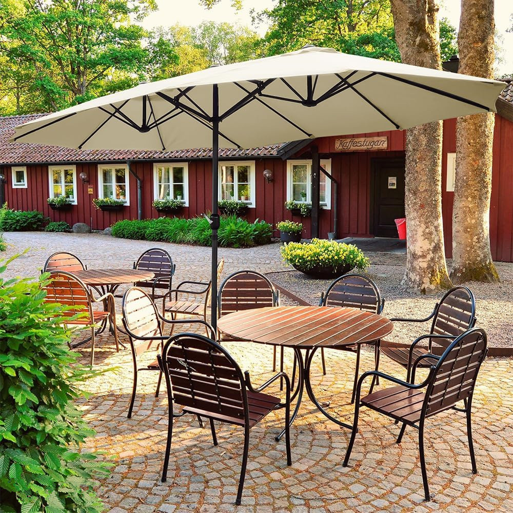 Double-side Garden Parasol Market Sun Umbrella with Hand Crank for Terrace, Balcony,Garden,Pool,Outdoor