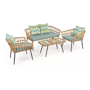 Outdoor Rattan 4-Piece Conversation Bistro Set with Tempered Coffee Table for Garden Balcony Backyard Yard Poolside