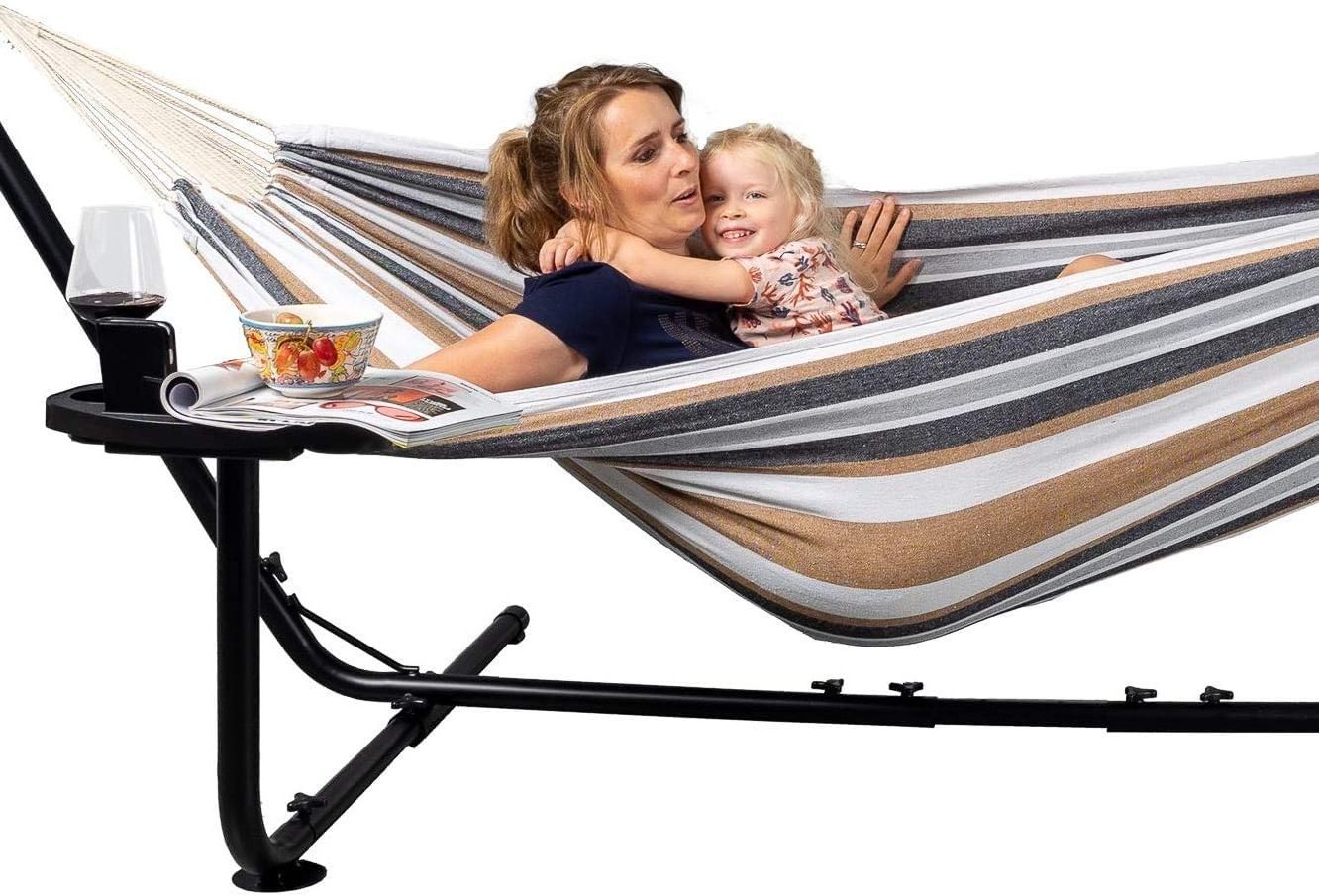 2 People Outdoor Double Hammock with Frame - with Cup and Book Holder