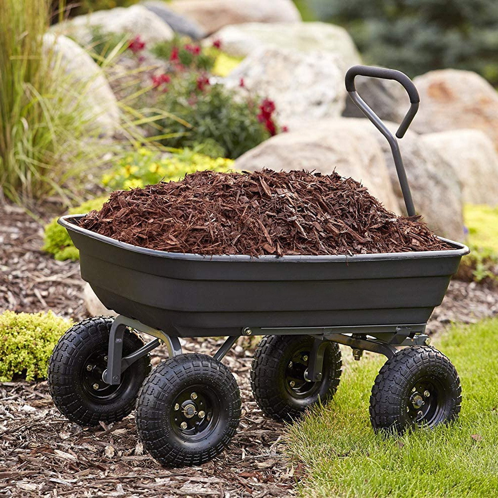 Poly Garden Dump Cart with Steel Frame and 10-in. Pneumatic Tires, 600-Pound Capacity, Black