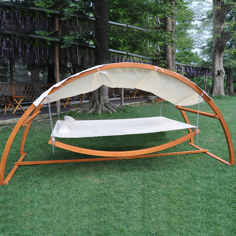 Garden Outdoor Double Arched Larch Frame White Hammock Swing Bed with Canopy for Garden Courtyard Park