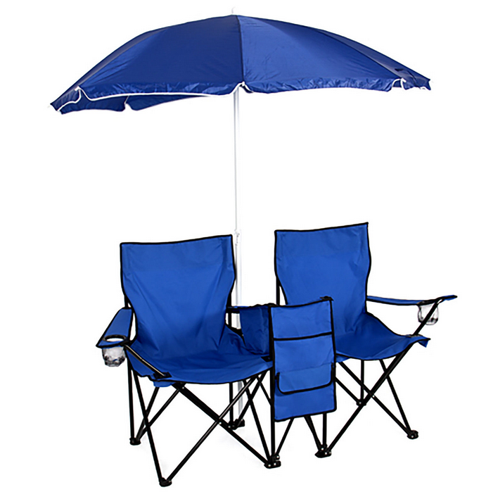 Picnic Double Folding Chair with Umbrella Table Cooler Fold Up Beach Camping Chair