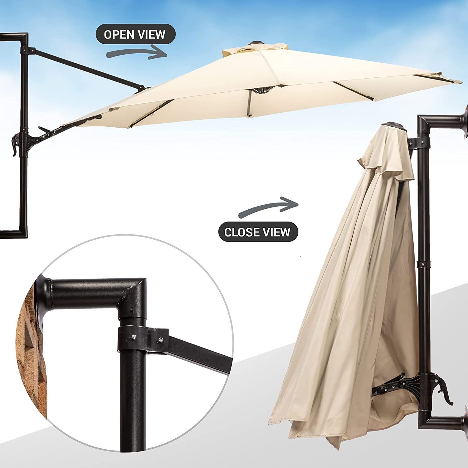 Wall Umbrella With Folding System - Mountable ParasolBalcony Weatherproof Garden Umbrella Made Of Robust Aluminium