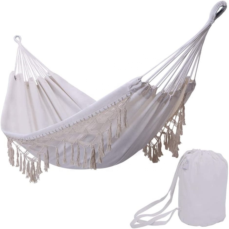 Outdoor White Bohemian Camping Hammock Large Brazilian Fringed Macrame Double Deluxe Hammock Swing Bed with Carry Bag for Patio