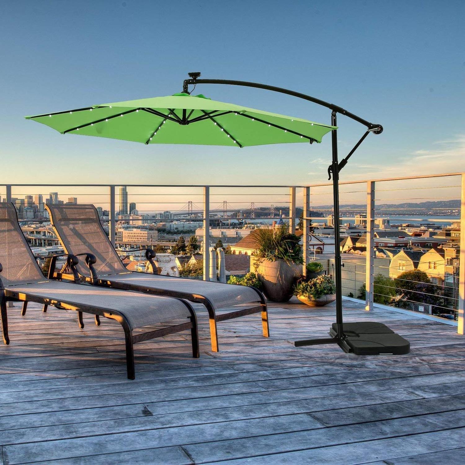 10FT Apple Green Offset Cantilever Hanging Umbrella with Solar LED Lights for Large Outdoor Patio Table Balcony