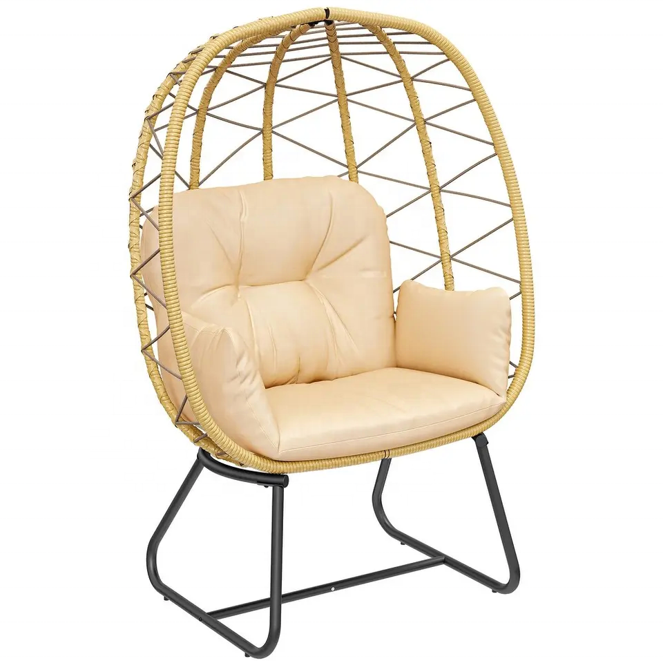 Egg Chair Outdoor Indoor Wicker Lounger with Stand and Cushions Egg Basket Chair for Patio Backyard Porch