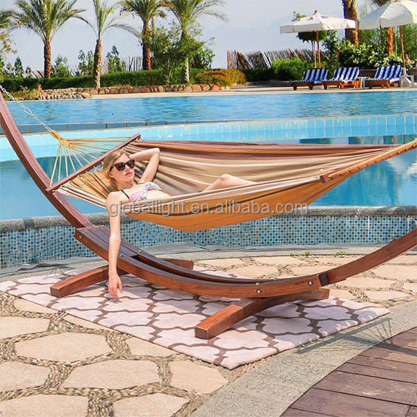 13FT Garden Patio Assembled ARC Double Cotton Hammock with Wood Stand