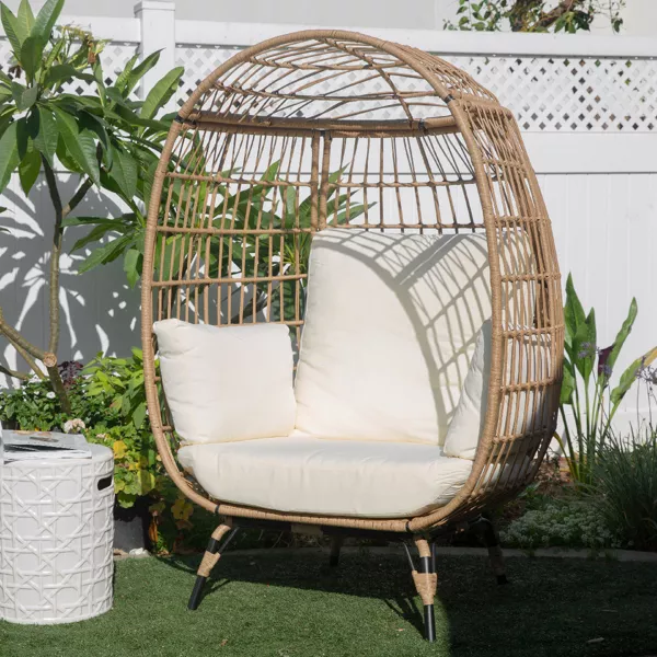 Oversized Egg Style Wicker Chair with Canopy and 4 Cushions Stationary for Outdoor Patio Lounge Basket