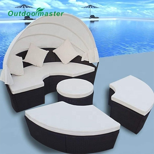 2-in-1 Rattan Sofa Sunbed Round Outdoor Daybed Sofa Set with Retractable Canopy 73'' x 57''