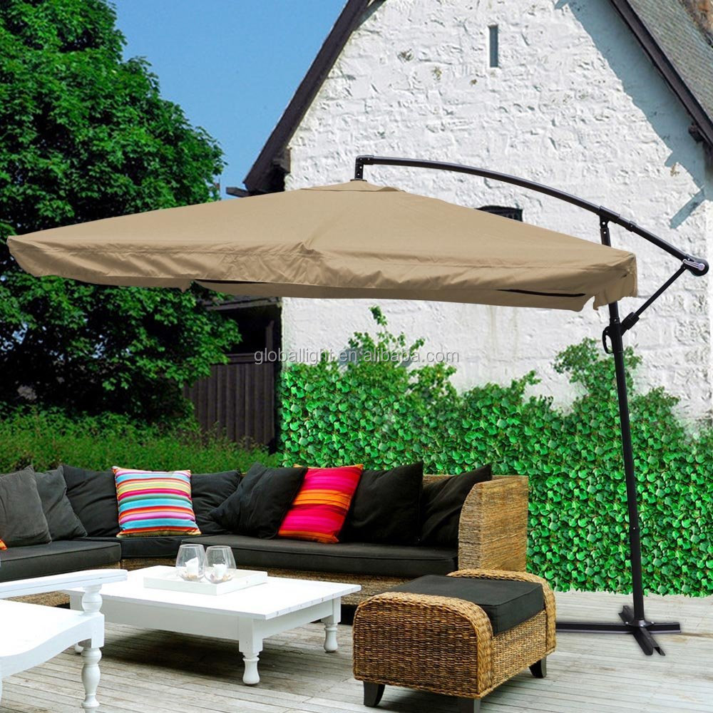 9X9 Offset Tan Umbrella w/ Mesh Patio Offset Tilt Post Deck Gazebo Outdoor Shade