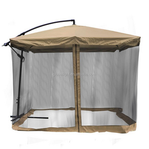 9X9 Offset Tan Umbrella w/ Mesh Patio Offset Tilt Post Deck Gazebo Outdoor Shade