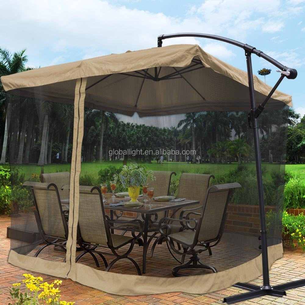 9X9 Offset Tan Umbrella w/ Mesh Patio Offset Tilt Post Deck Gazebo Outdoor Shade