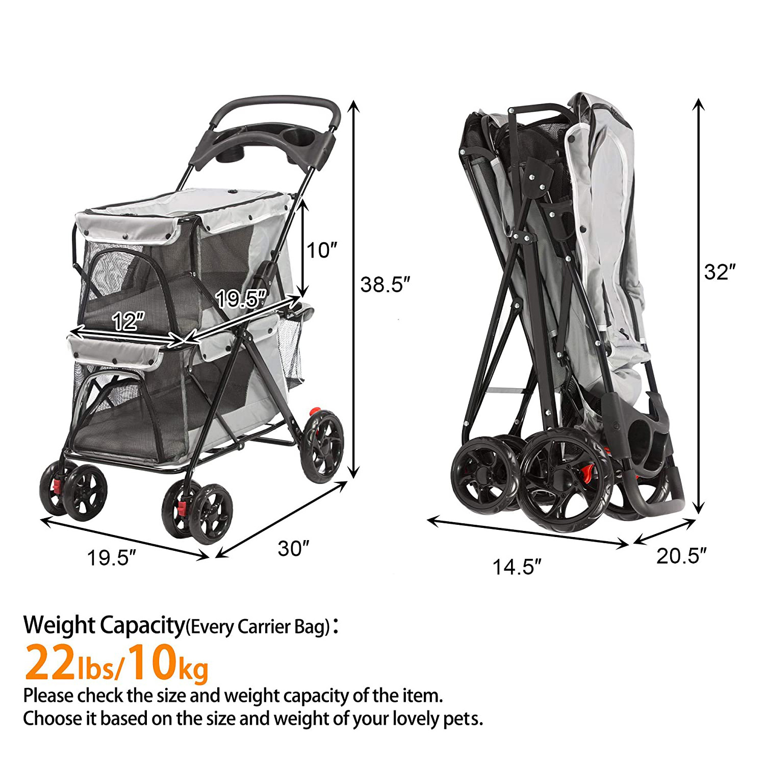 Double Pet Stroller for 2 Dogs Cats, Small Medium Animals Folding Travel Carriage, Easy to Walk