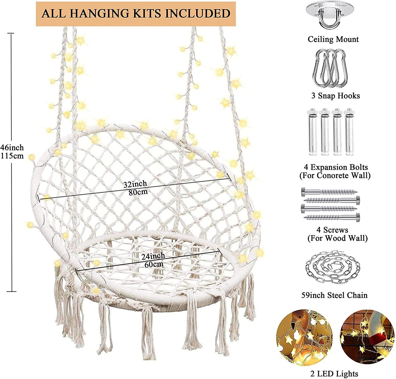 Hammock Chair Swing with Lights Cotton Round Rope Chair For Outdoor Patio Indoor