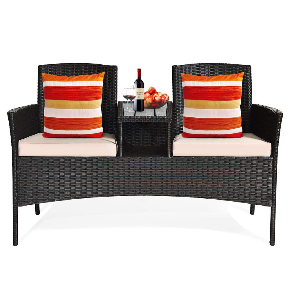 Outdoor Loveseat Set Patio Wicker Conversation Set with Removable Cushions and Coffee Table Sofa