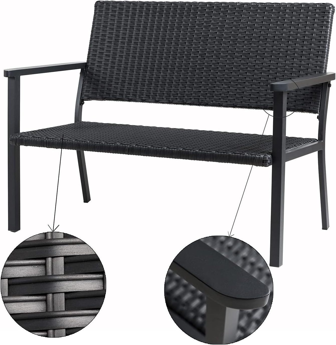 Outdoor Black Metal Wicker Loveseat Bench Chair for Outside Patio Porch