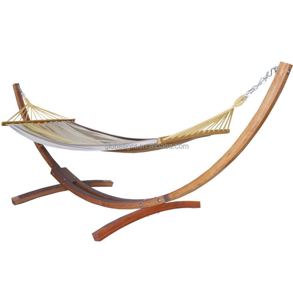 Customized wooden curved arc hammock stand with yellow and grey stripe hammock for leisure for hot sale