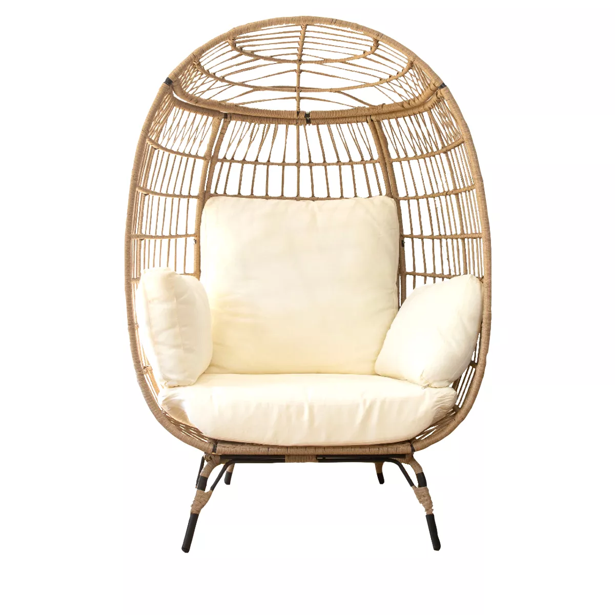 Oversized Egg Style Wicker Chair with Canopy and 4 Cushions Stationary for Outdoor Patio Lounge Basket