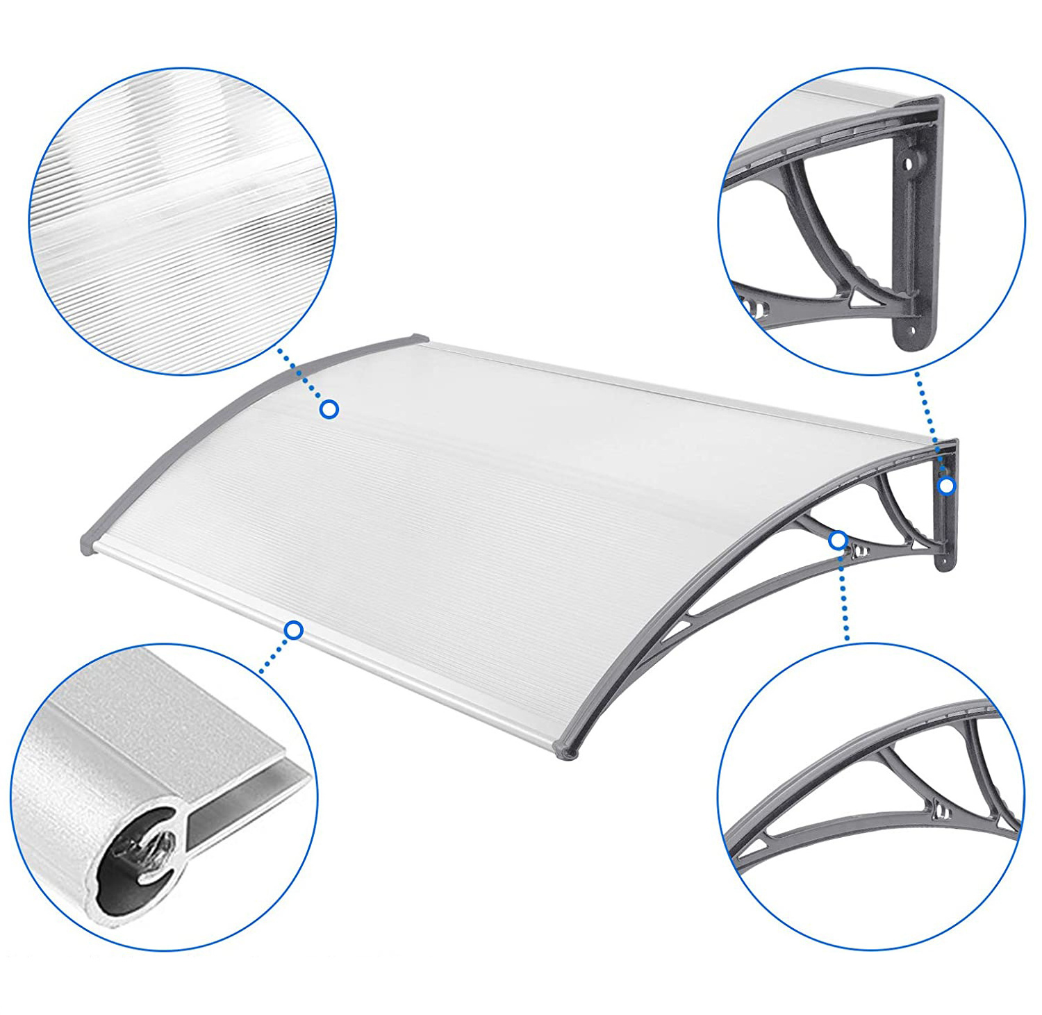 150 x 100 cm Canopy for Front Door, Arch Canopy, Front Door Made of Polycarbonate and Aluminium Frame for  Balcony, Window