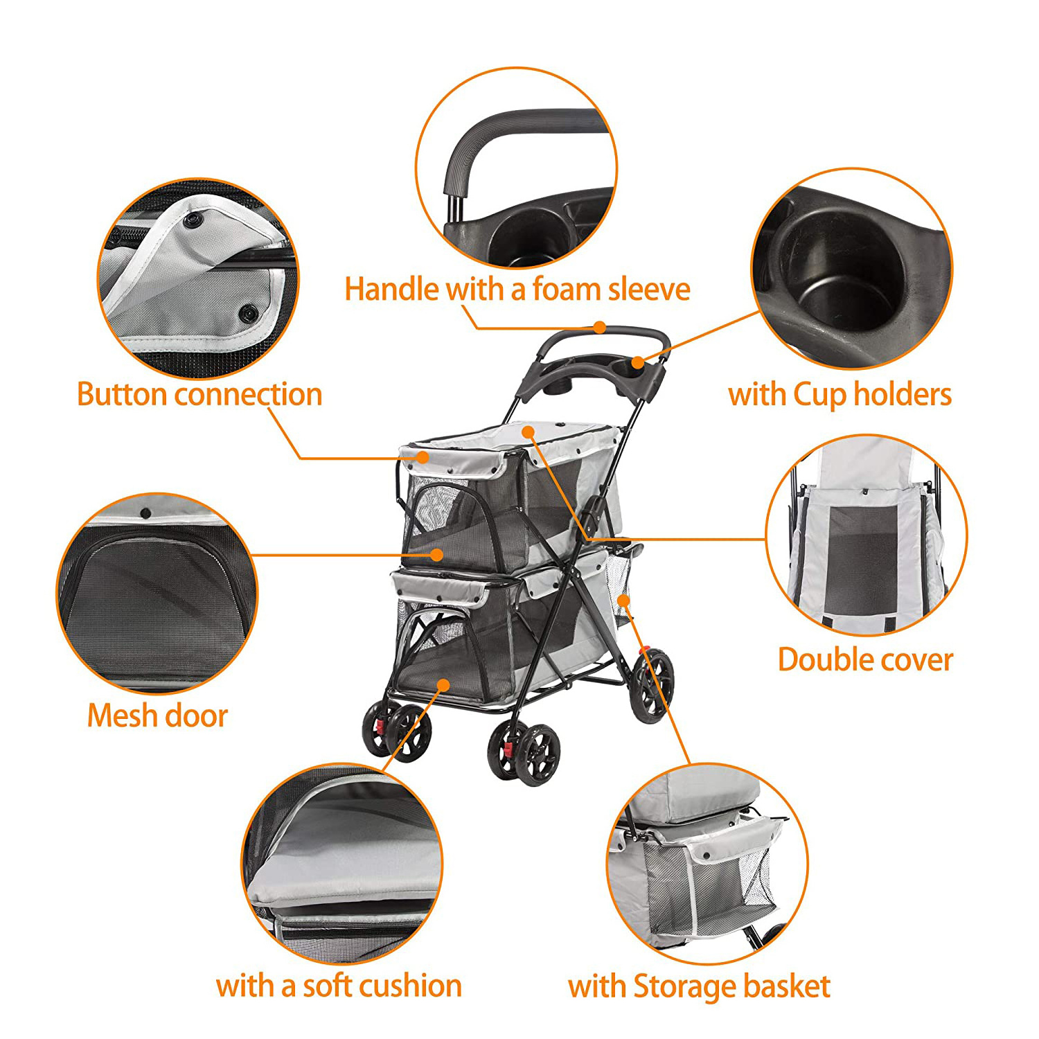 Double Pet Stroller for 2 Dogs Cats, Small Medium Animals Folding Travel Carriage, Easy to Walk