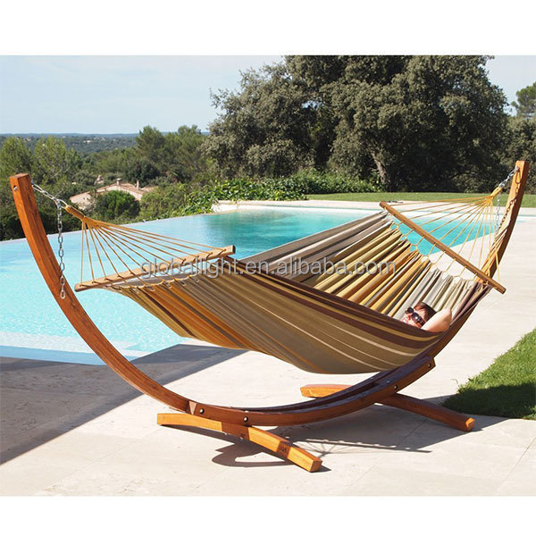 13FT Garden Patio Assembled ARC Double Cotton Hammock with Wood Stand