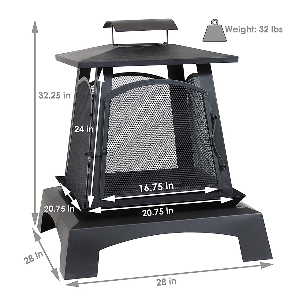 Pagoda Style Steel Fire Pit - Metal Wood-Burning Enclosed Outdoor Fireplace with Log Grate and Poker