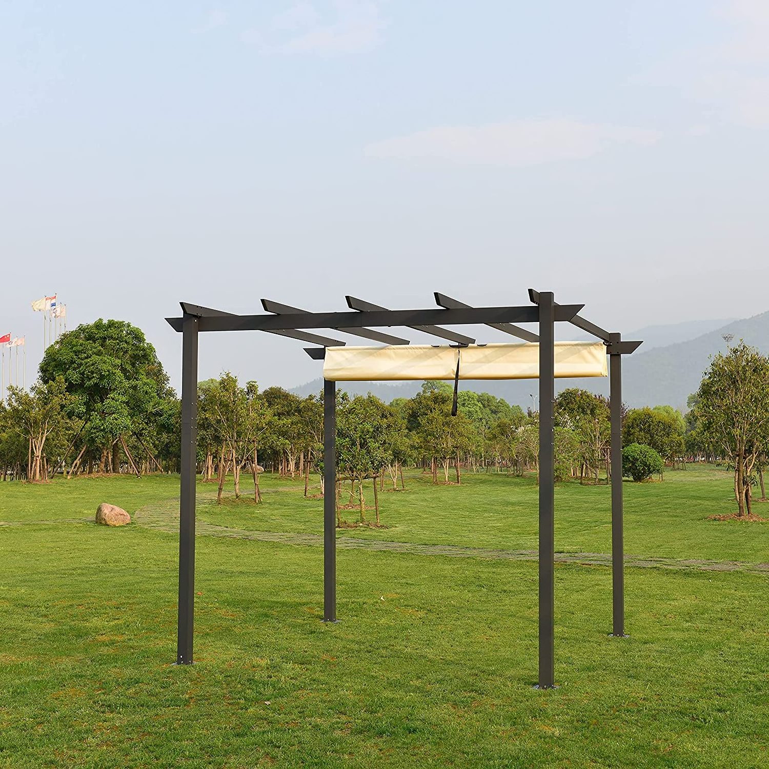 10x13FT Aluminum Outdoor Retractable Canopy Pergola with Cream White Color