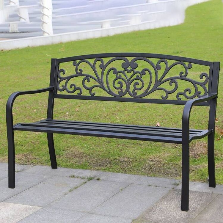 Outdoor Black Steel Bench Garden Patio Porch Furniture with Floral Design Backrest for Park, Garden, Outdoor