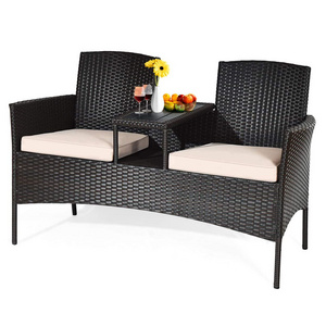 Outdoor Loveseat Set Patio Wicker Conversation Set with Removable Cushions and Coffee Table Sofa