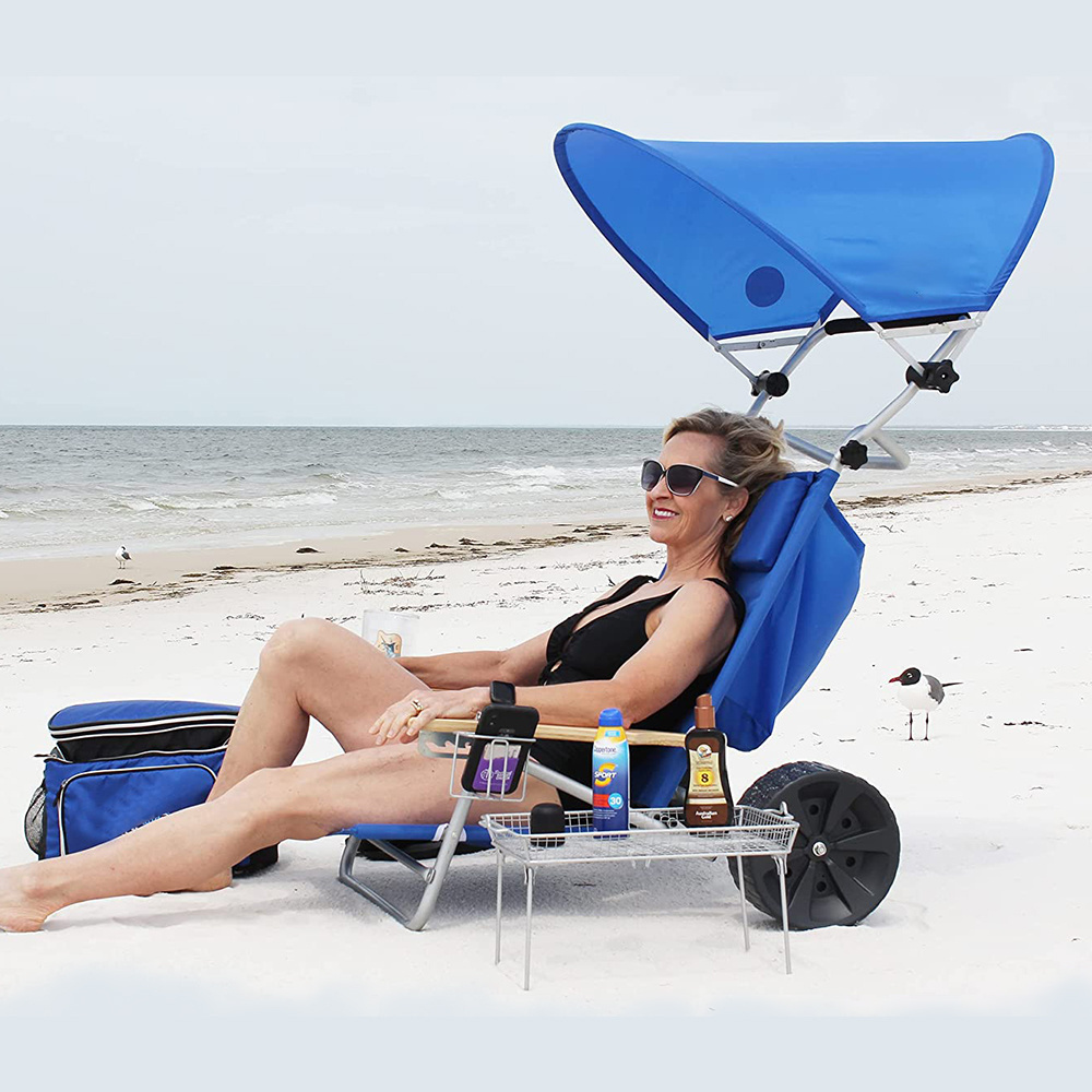 Beach Chair w/Wide Tall Wheels Portable Folding Recliner Lounge for Sun Tanning Outdoor Pool w/Lock & Large Storage Pocket