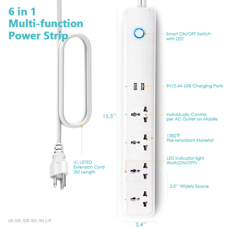 New Product Many 10A Wifi Smart Extension Universal Socket 4 Outlets and 2 USB Ports Tuya Smart Switch Power Strip