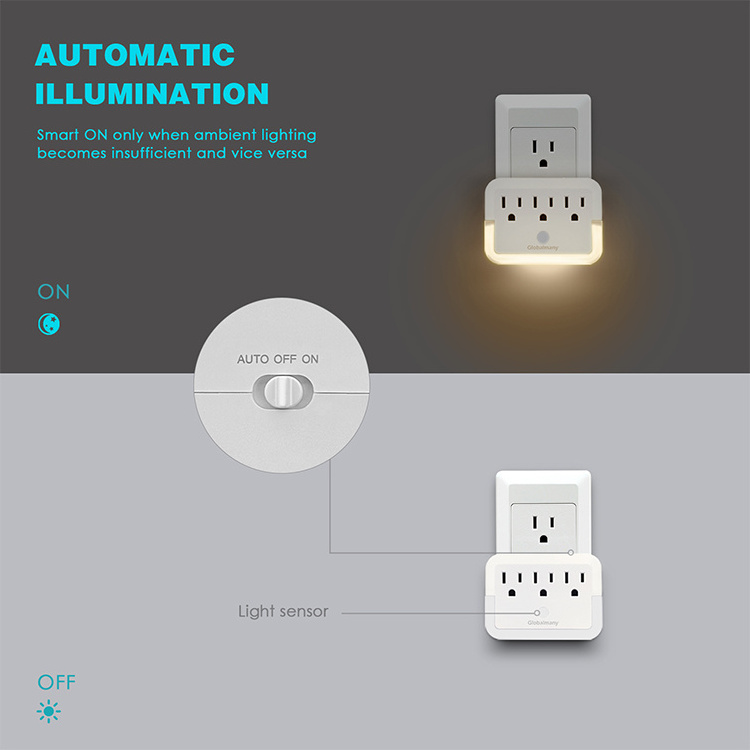 New Style American Power Outlet Extension Multi Ports 3 AC  Plug Intelligent Control LED Night Light Power adapter