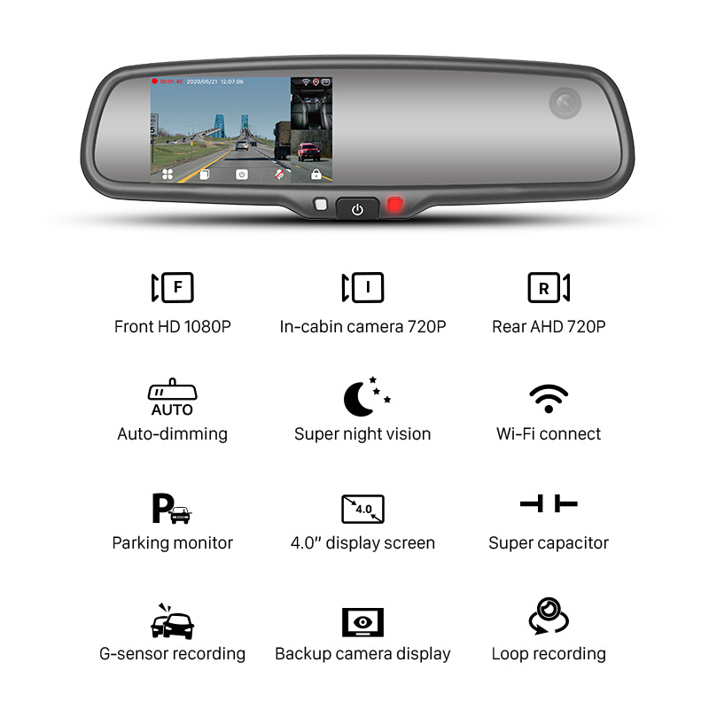 Oem Replacement Full HD 1080P 24H Parking Monitor 4 Inch Rear View Mirror Dash Cam 3 Channel