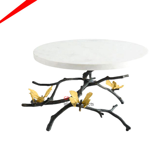 wedding decorative white marble round cake stand with gold metal butterfly base stand for table centerpiece decor