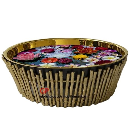 eco friendly copper finished metal pedicure bowl with wooden stand for spa manicure pedicure set