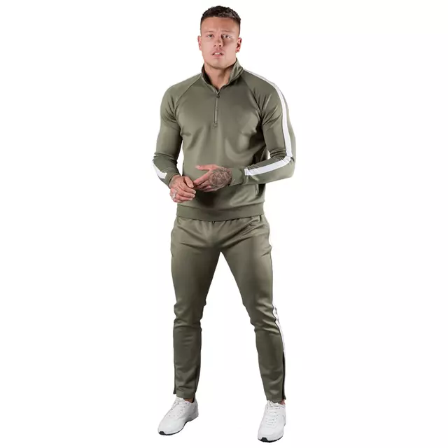 Custom Men Fitness Jogging Olive Green Sports Wear Track Sweat Suit With Zippers