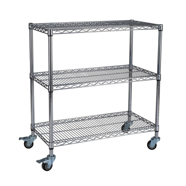 Light Duty NSF & ISO Certified Epoxy Coating And Chrome Plated Layers Mobile Metal Wire Shelving with wheels