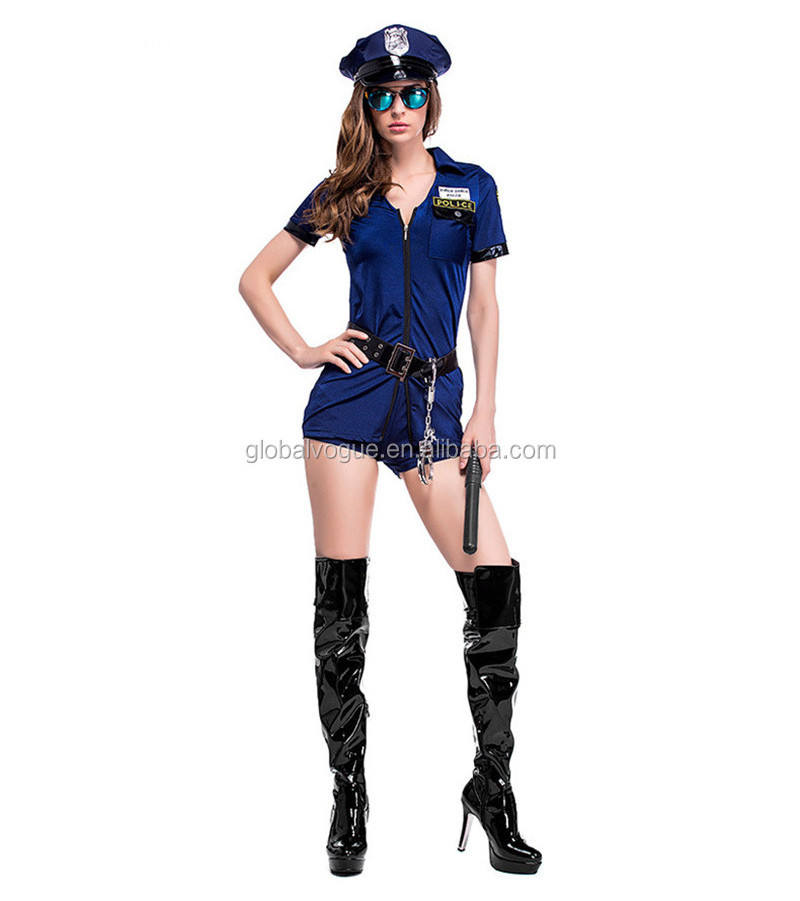 Policewoman uniforms blue zipper police Halloween carnival party dress game costumes