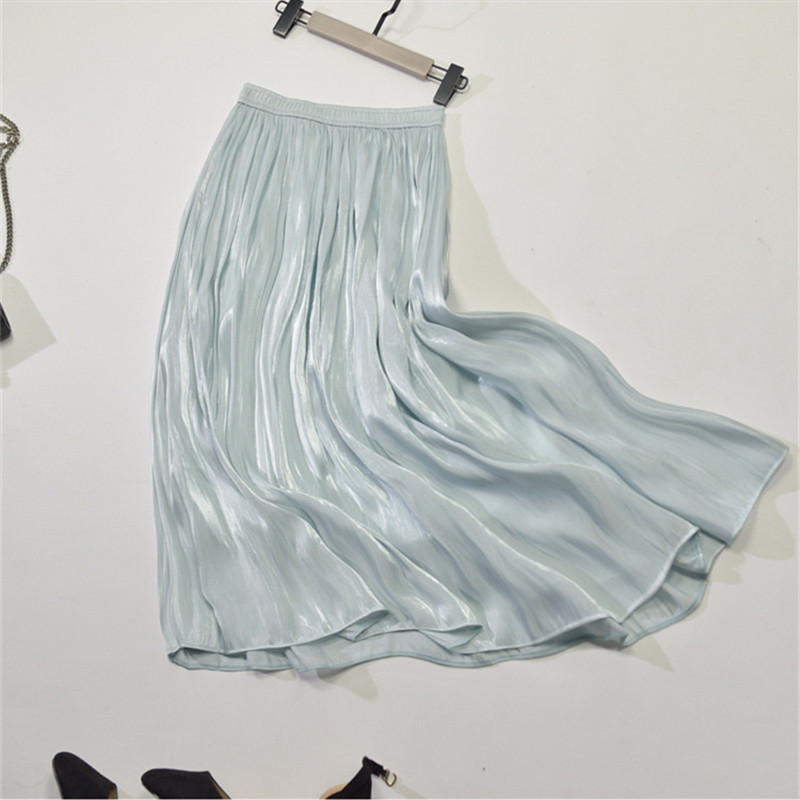 Spring and summer new elastic waist pearl shiny silky long over the knee half-length umbrella skirt