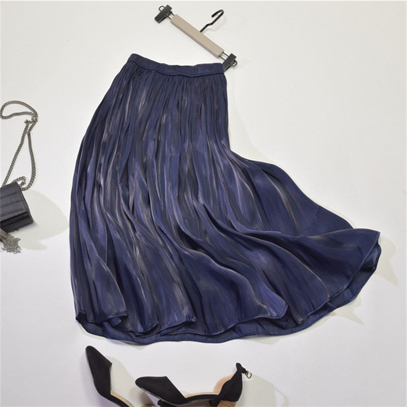 Spring and summer new elastic waist pearl shiny silky long over the knee half-length umbrella skirt