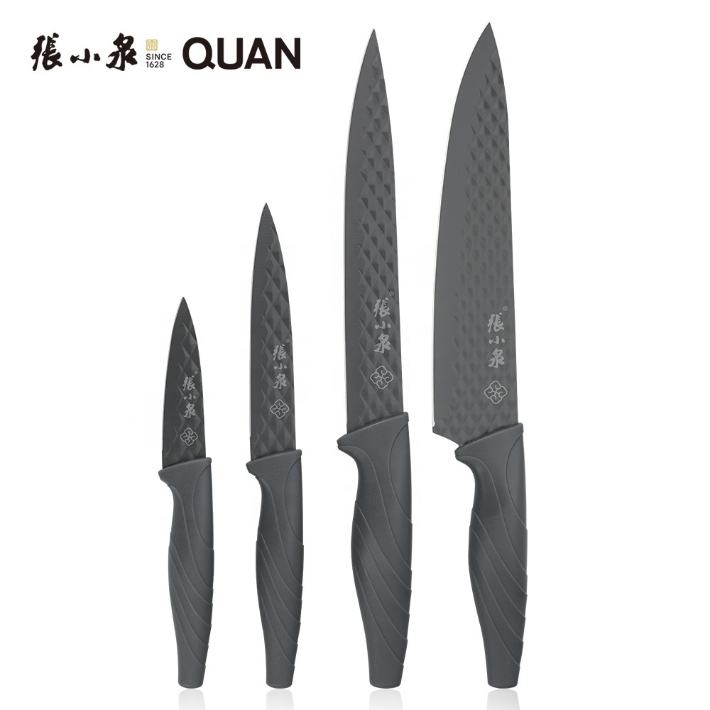 Hot sell 4 Piece Stainless Steel diamond stamped design blade with resin Kitchen Knife Set black handle  8 inch Chef Knives Set