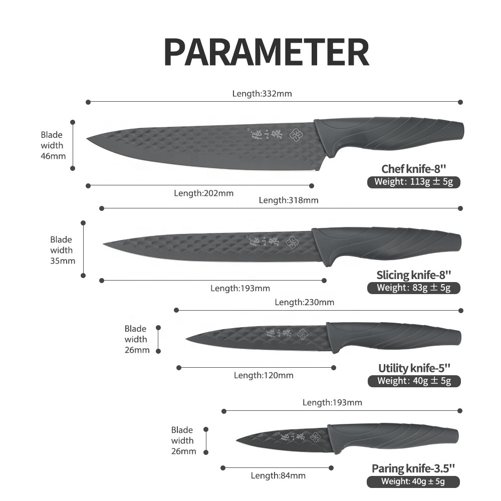 Hot sell 4 Piece Stainless Steel diamond stamped design blade with resin Kitchen Knife Set black handle  8 inch Chef Knives Set