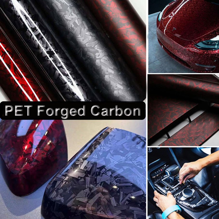 1.52*18 Red Silver Gloss PET Forged Carbon Fiber Stickers Wrapping Fiber Car Vinyl Wrap Film