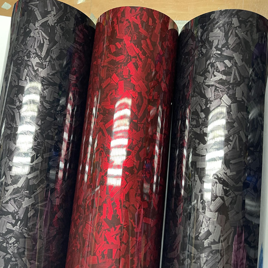 1.52*18 Red Silver Gloss PET Forged Carbon Fiber Stickers Wrapping Fiber Car Vinyl Wrap Film