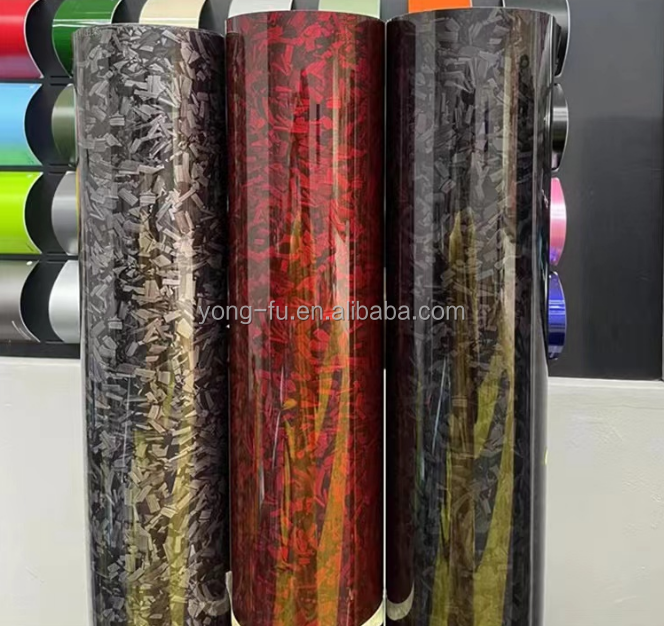 1.52*18 Red Silver Gloss PET Forged Carbon Fiber Stickers Wrapping Fiber Car Vinyl Wrap Film