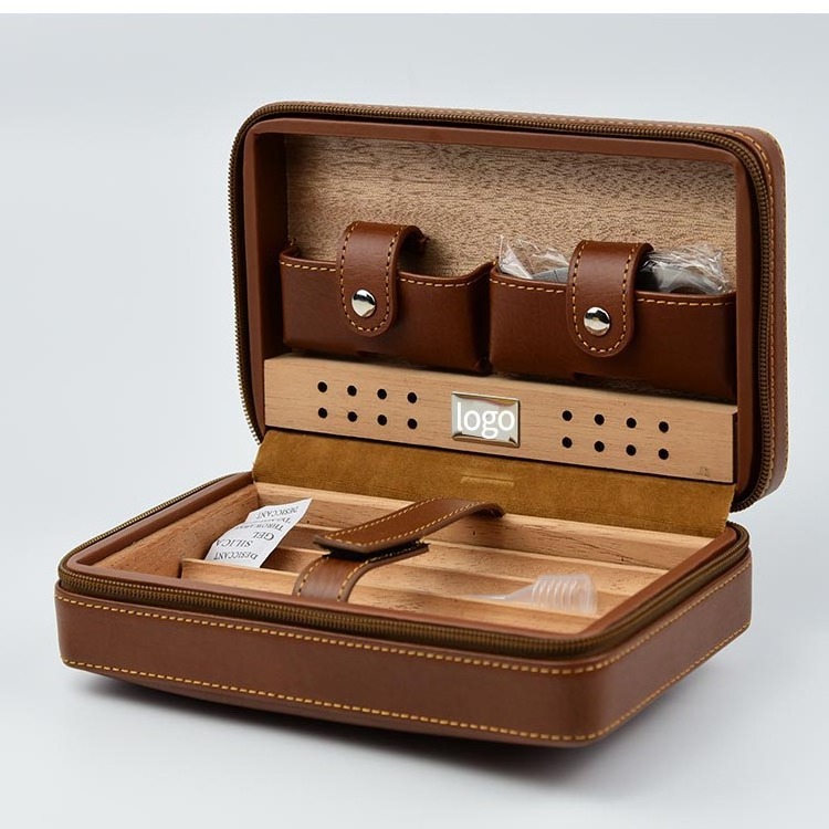 personal portable carry 4 finger humidor brown leather cigar holder with cutter lighter set travel cigar case