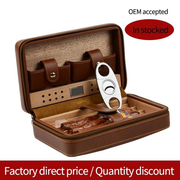 personal portable carry 4 finger humidor brown leather cigar holder with cutter lighter set travel cigar case