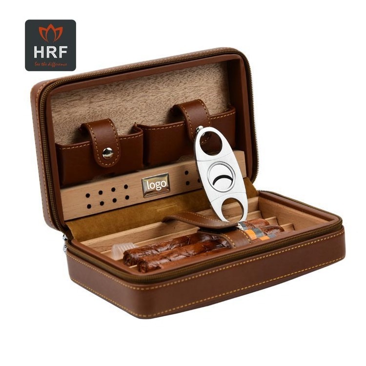 personal portable carry 4 finger humidor brown leather cigar holder with cutter lighter set travel cigar case